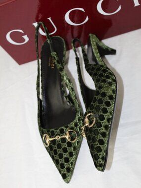NEW Gucci GG Velvet Slingback Pointed Toe Kitten Heel Pumps Horsebit 40 835978